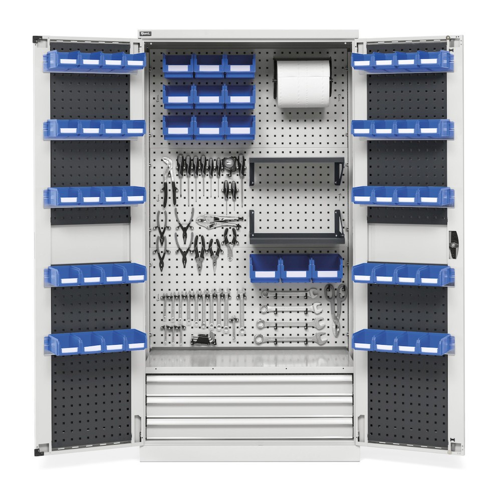 Číslo obrázku produktu 2: Dílenská skříň Fami PERFOM, 4 děrované police, 3 zásuvky, děrované desky pro dveře, skladovací boxy, VxŠxH 2000 x 1023 x 726 mm, světle šedá, antracit