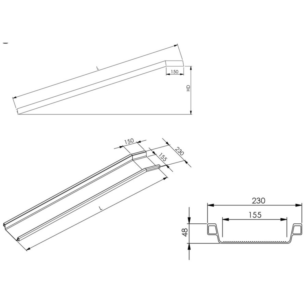 Číslo obrázku produktu 5: Hliníková nájezdová ližina Universal, s ochranným zvýšeným okrajem, nosnost 400 kg/pár, ŠxD 150 x 2500 mm