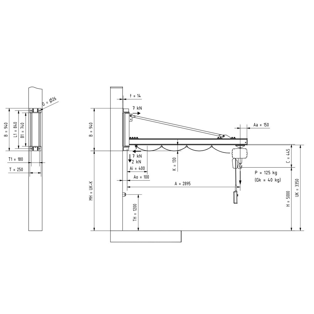 Číslo obrázku produktu 2: Otočný jeřáb VETTER® včetně elektrického kladkostroje LIFTKET, nástěnné provedení, délka výložníku 1900 mm, nosnost 125 kg