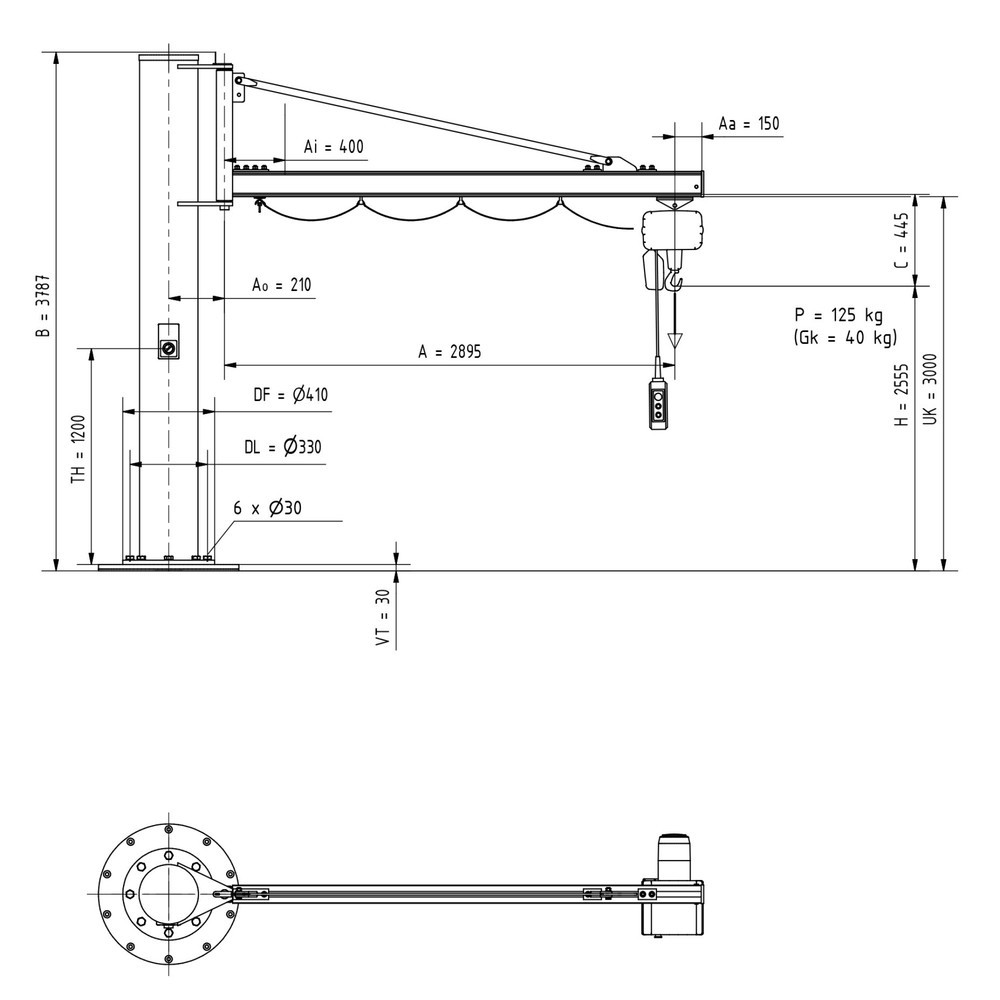 Číslo obrázku produktu 2: Otočný jeřáb VETTER® včetně elektrického kladkostroje LIFTKET, sloupové provedení, délka výložníku 2900 mm, nosnost 125 kg