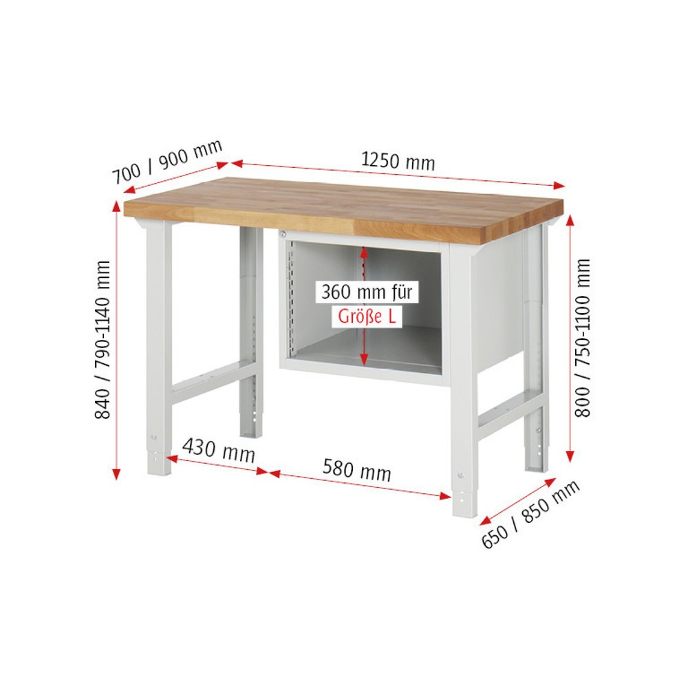 Číslo obrázku produktu 4: Pracovní stůl RAU řada 7000, 1 kontejner, VxŠxH 840 x 1250 x 700 mm, 3x zásuvka s výsuvem 90 %, 1 x 60, 1 x 120, 1 x 180 mm, nosnost zásuvky 100 kg