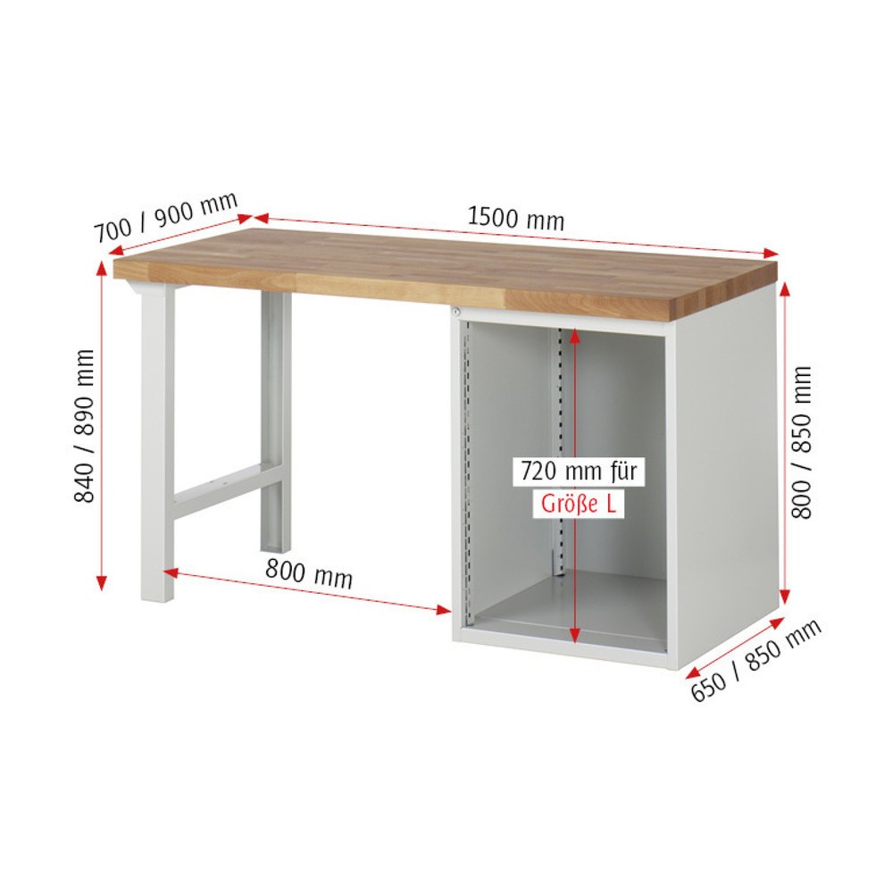 Číslo obrázku produktu 6: Pracovní stůl RAU řada 7000, 1 kontejner VxŠxH 840 x 1500 x 700 mm, 2x zásuvka s výsuvem 90 %, 1 police, 1 křídlové dveře