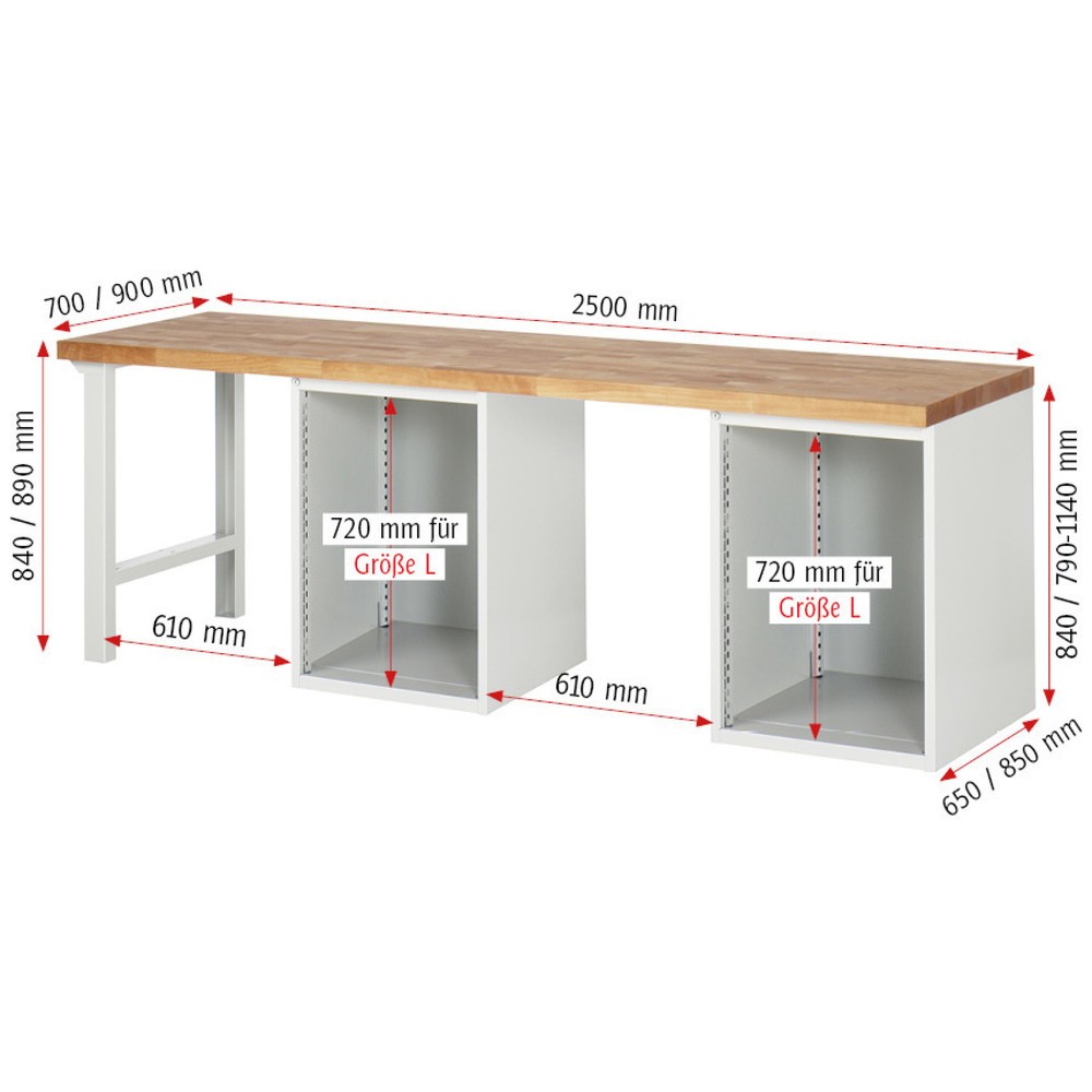 Číslo obrázku produktu 5: Pracovní stůl RAU řada 7000, 2 kontejnery, VxŠxH 890 x 2500 x 900 mm, 12x zásuvka s výsuvem 90 %, 12 x 120 mm