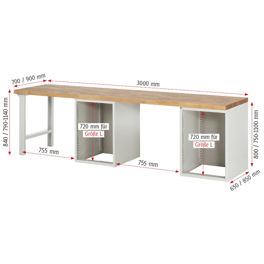 Číslo obrázku produktu 6: Pracovní stůl RAU řada 7000, 2 kontejnery, VxŠxH 890 x 3000 x 700 mm, 2 zásuvky 2 x 180 mm, 1 police, 2 křídlové dveře