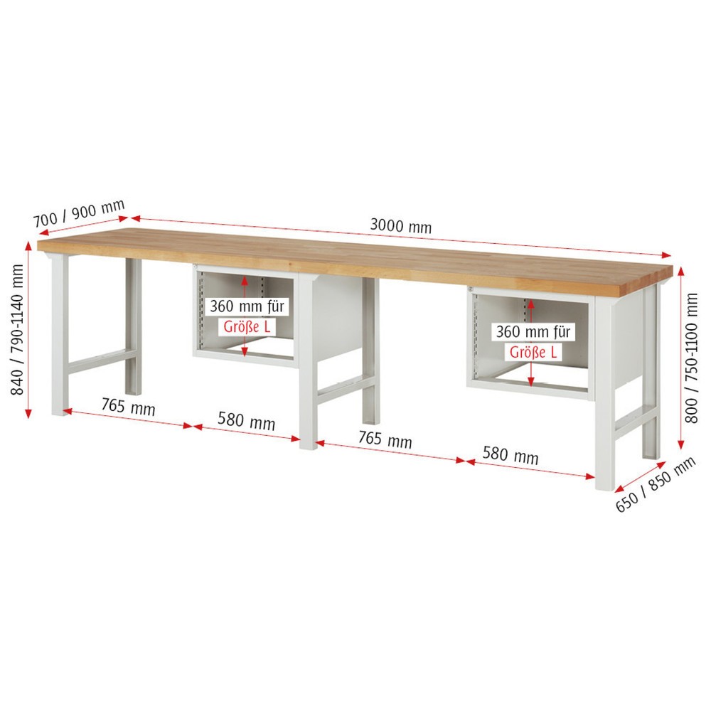 Číslo obrázku produktu 4: Pracovní stůl RAU řada 7000, nosnost 750 kg, 2 kontejnery, VxŠxH 840 x 3000 x 700 mm, 6x zásuvka s výsuvem 90 %, 6 x 120 mm