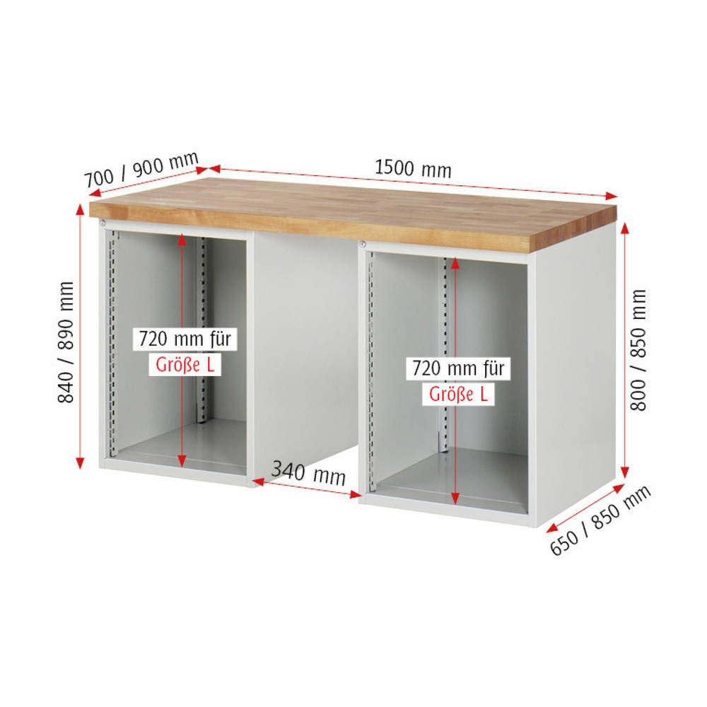 Číslo obrázku produktu 4: Pracovní stůl RAU řada 7000, 2 kontejnery, VxŠxH 840 x 1500 x 700 mm, 12x zásuvka s výsuvem 90 %, 3 x 60 mm, 3 x 90 mm, 1 x 120 mm, 1 x 150 mm, 4 x 180 mm