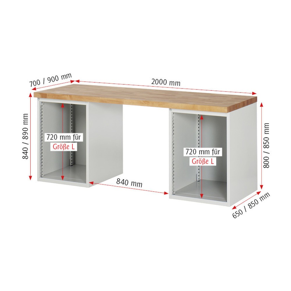 Číslo obrázku produktu 5: Pracovní stůl RAU řada 7000, 2 kontejnery, VxŠxH 890 x 2000 x 700 mm, 12x zásuvka s výsuvem 90 %, 3 x 60 mm, 3 x 90 mm, 1 x 120 mm, 1 x 150 mm, 4 x 180 mm