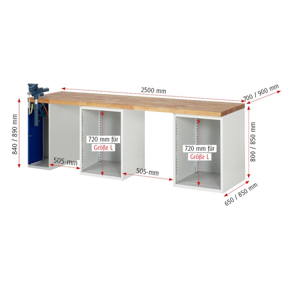 Číslo obrázku produktu 4: Pracovní stůl RAU řada 7000, 3 kontejnery, VxŠxH 840 x 2500 x 700 mm, 8x zásuvka s výsuvem 90 %, 6 x 150 mm, 2 x 270 mm