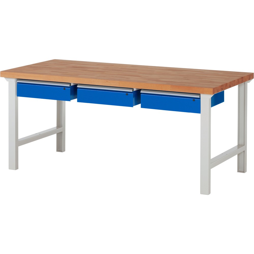 Obrázek produktu: Pracovní stůl RAU řada 7000, VxŠxH 840 x 2000 x 900 mm, 3 zásuvky 3 x 150 mm, nosnost zásuvky 50 kg