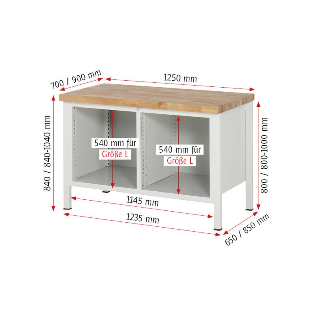 Číslo obrázku produktu 4: Pracovní stůl RAU řada 8000, 1 dvojitý kontejner, VxŠxH 840 x 1250 x 900 mm, 8x zásuvka s výsuvem 90 %, 4 x 120, 4 x 150 mm, nosnost zásuvky 100 kg