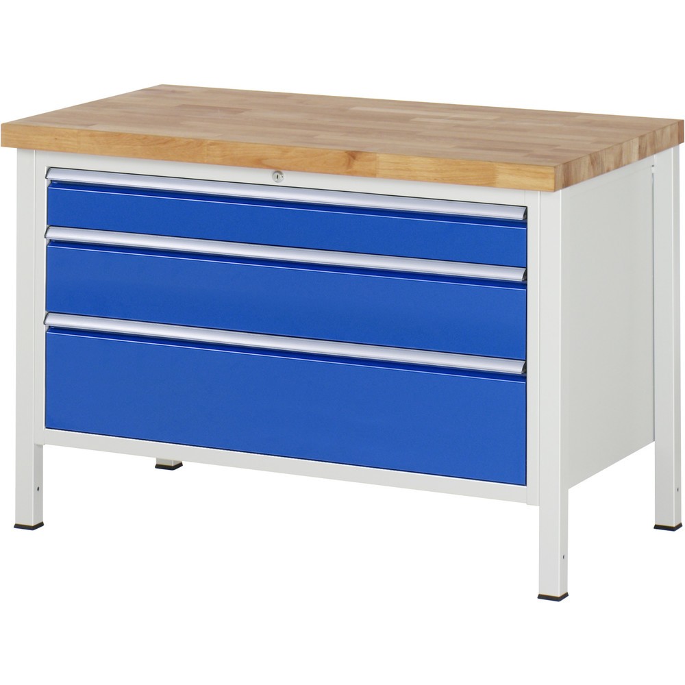 Číslo obrázku produktu 1: Pracovní stůl RAU řada 8000, VxŠxH 840 x 1250 x 700 mm, 3x zásuvka s výsuvem 90 %, 1 x 120, 1 x 180, 1 x 240 mm, nosnost zásuvky 50 kg