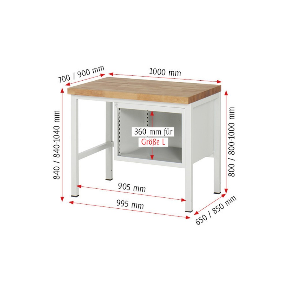 Číslo obrázku produktu 5: Pracovní stůl RAU řada 8000, VxŠxH 840-1040 x 1000 x 900 mm, 2x zásuvka s výsuvem 90 %, 1 x 150, 1 x 210 mm, nosnost zásuvky 100 kg