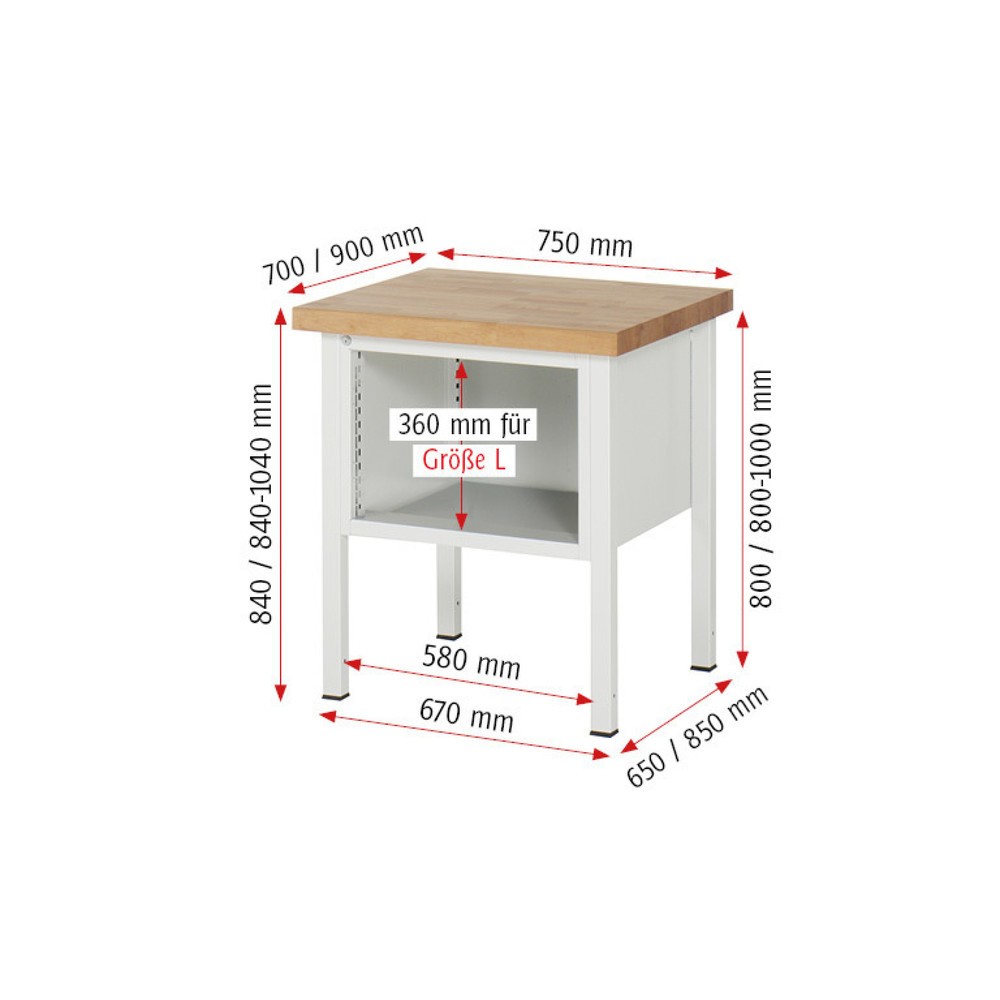 Číslo obrázku produktu 4: Pracovní stůl RAU řada 8000, VxŠxH 840 x 750 x 900 mm, 4x zásuvka s výsuvem 90 %, 1 x 60, 2 x 90, 1 x 120 mm, nosnost zásuvky 100 kg