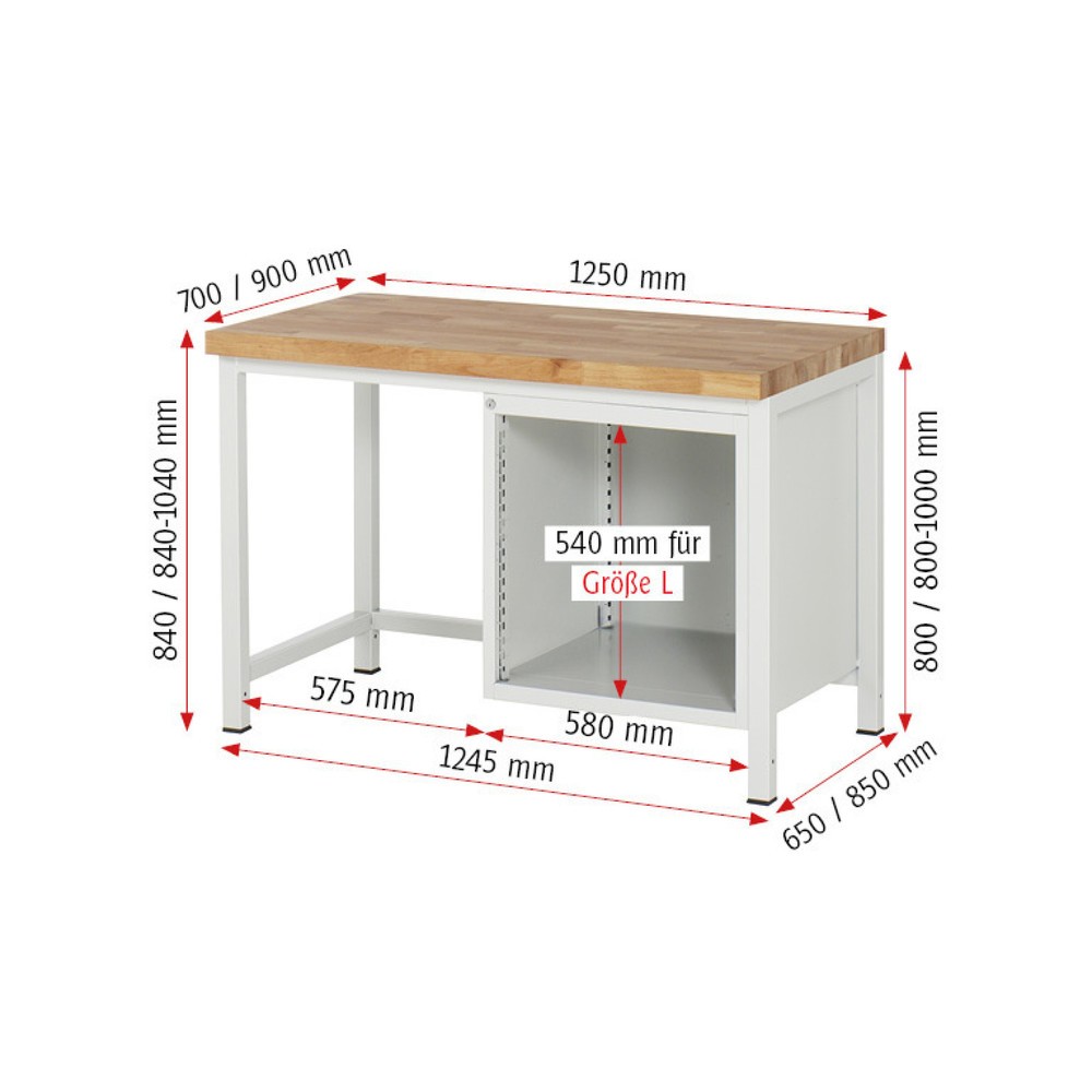 Číslo obrázku produktu 6: Pracovní stůl RAU řada 8000, VxŠxH 840-1040 x 1250 x 700 mm, 5x zásuvka s výsuvem 90 %, 4 x 90, 1 x 180 mm, nosnost zásuvky 100 kg