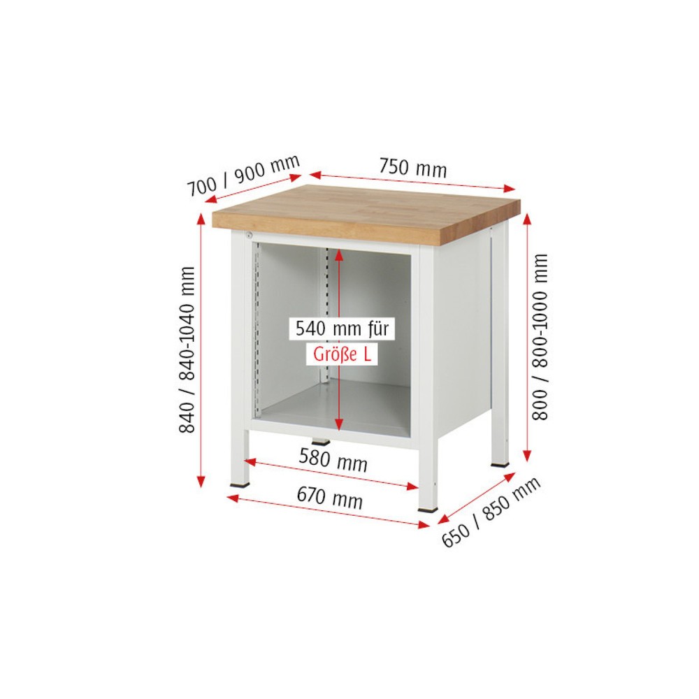 Číslo obrázku produktu 7: Pracovní stůl RAU řada 8000, 1 křídlové dveře, VxŠxH 840-1040 x 750 x 700 mm, 1 zásuvka, 1 křídlové dveře