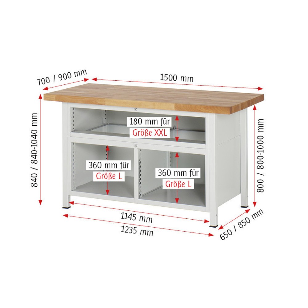 Číslo obrázku produktu 6: Pracovní stůl RAU řada 8000, 1 trojitý kontejner, VxŠxH 840-1040 x 1500 x 700 mm, 7 zásuvek L + 2 zásuvky XXL, výsuv 90 %