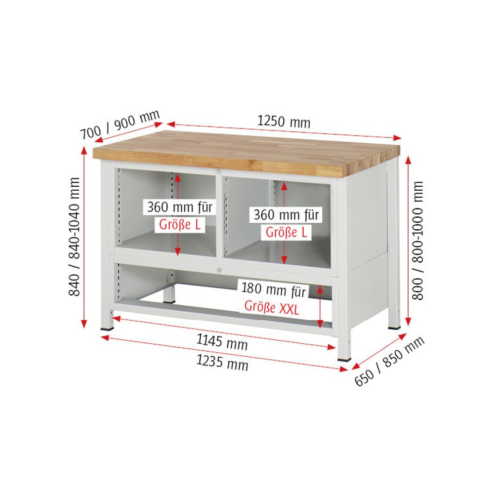 Číslo obrázku produktu 7: Pracovní stůl RAU řada 8000, 1 trojitý spodní kontejner, VxŠxH 840-1040 x 1250 x 900 mm, 9 zásuvek s výsuvem 90 %, 1 x 60, 6 x 90, 1 x 120, 1 x 180 mm, nosnost zásuvky 100/50 kg