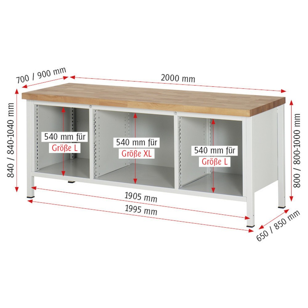 Číslo obrázku produktu 4: Pracovní stůl RAU řada 8000, 1 trojitý kontejner, 2 police, VxŠxH 840 x 2000 x 700 mm, 4x zásuvka s výsuvem 90 %, nosnost zásuvky 75 kg