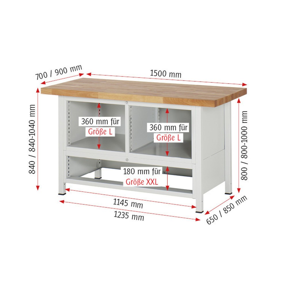 Číslo obrázku produktu 5: Pracovní stůl RAU řada 8000, 1 trojitý kontejner, VxŠxH 840-1040 x 1500 x 700 mm, 7 zásuvek L + 2 zásuvky XXL, výsuv 100 %