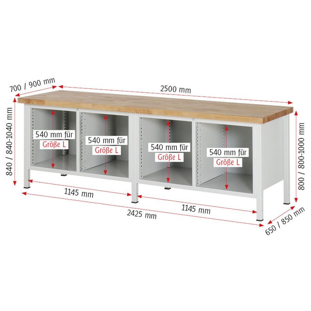 Číslo obrázku produktu 4: Pracovní stůl RAU řada 8000, 2 dvojité kontejnery, VxŠxH 840 x 2500 x 700 mm, 12 zásuvek 8 x 90, 4 x 360 mm