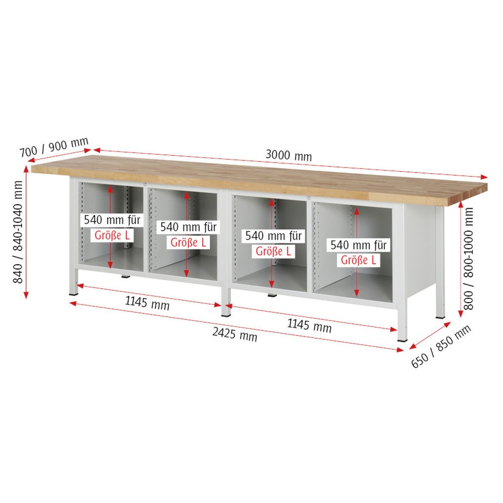 Číslo obrázku produktu 4: Pracovní stůl RAU řada 8000, 2 dvojité kontejnery, VxŠxH 840 x 3000 x 700 mm, 12 zásuvek 12x 180 mm