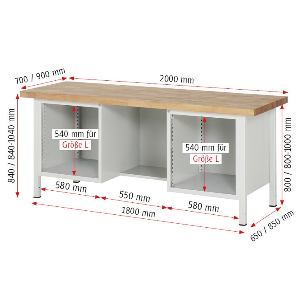 Číslo obrázku produktu 7: Pracovní stůl RAU řada 8000, 2 kontejnery, 2 křídlové dveře, VxŠxH 840-1040 x 2000 x 700 mm, 2x zásuvka