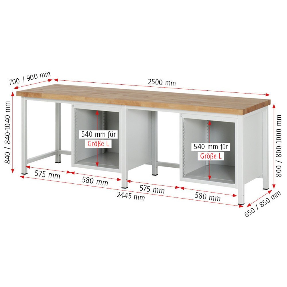 Číslo obrázku produktu 6: Pracovní stůl RAU řada 8000, 2 kontejnery, 1 křídlové dveře, VxŠxH 840-1040 x 2500 x 900 mm, 2x zásuvka