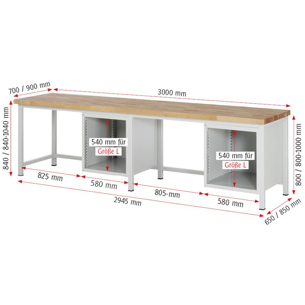 Číslo obrázku produktu 4: Pracovní stůl RAU řada 8000, 2 kontejnery, VxŠxH 840-1040 x 3000 x 700 mm, 6x zásuvka s výsuvem 100 %, 2 x 120, 2 x 180, 2 x 240 mm