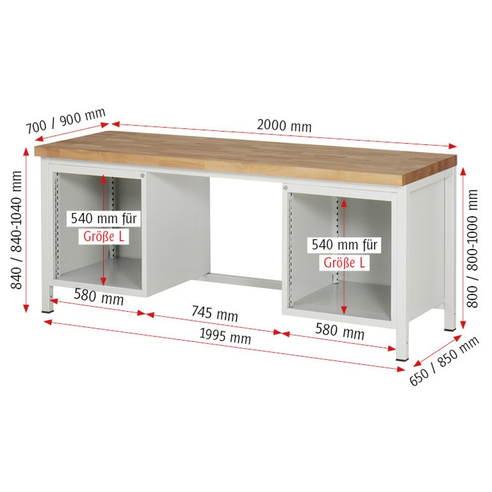 Číslo obrázku produktu 5: Pracovní stůl RAU řada 8000, 2 kontejnery, VxŠxH 840 x 2000 x 700 mm, 8x zásuvka s výsuvem 90 %, 4 x 90, 2 x 150, 2 x 210 mm