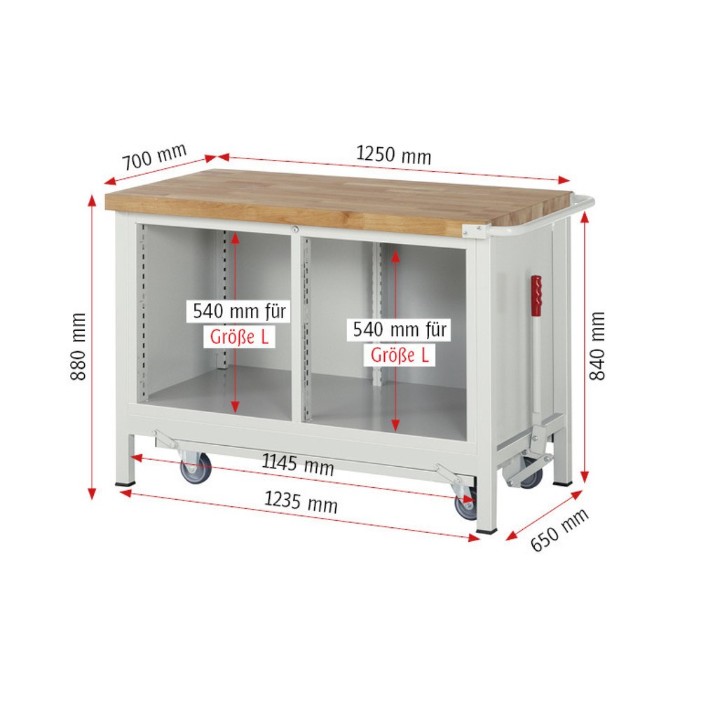 Číslo obrázku produktu 6: Pracovní stůl RAU řada 8000 se zapuštěným pojezdem, 1 dvojitý kontejner, VxŠxH 880 x 1250 x 700 mm, 4x zásuvka s výsuvem 90 %, 1 police