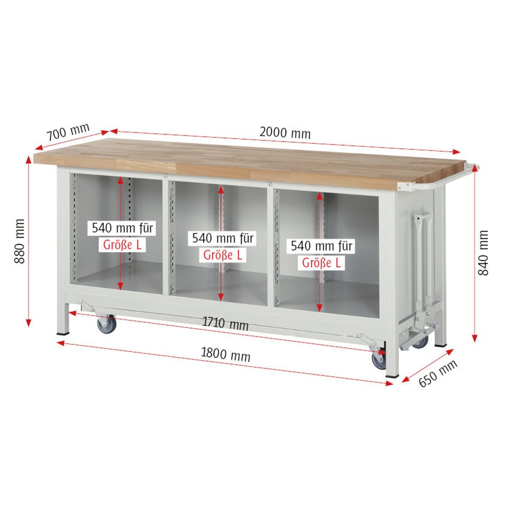 Číslo obrázku produktu 7: Pracovní stůl RAU řada 8000 se zapuštěným pojezdem, 1 trojitý kontejner, VxŠxH 880 x 2000 x 700 mm, 6x zásuvka s výsuvem 90 %, 2 x 120 mm, 2 x 150 mm, 2 x 270 mm, 1 police