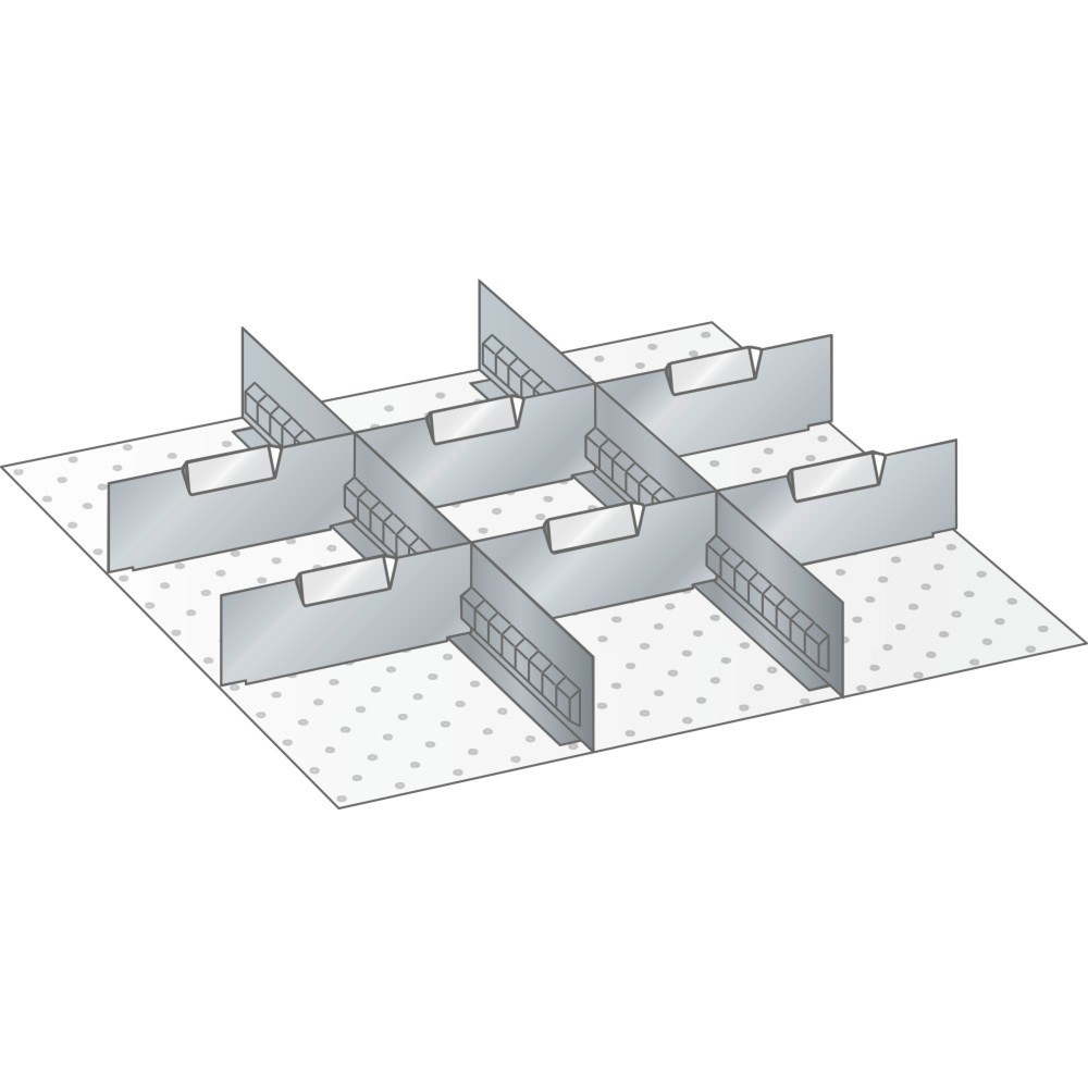 Obrázek produktu: Sada děrovaných nástěnných panelů a dělicích plechových příček LISTA 27x27E, (ŠxH) 459x459 mm, 2 děrované nástěnné panely, 6 dělicích plechových příček, pro výšku čela 50 mm