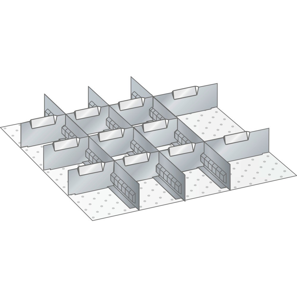 Obrázek produktu: Sada děrovaných nástěnných panelů a dělicích plechových příček LISTA 27x27E, (ŠxHxVV) 459x459x50 mm, 3 děrované nástěnné panely, 11 dělicích plechových příček, pro výšku čela 50 mm