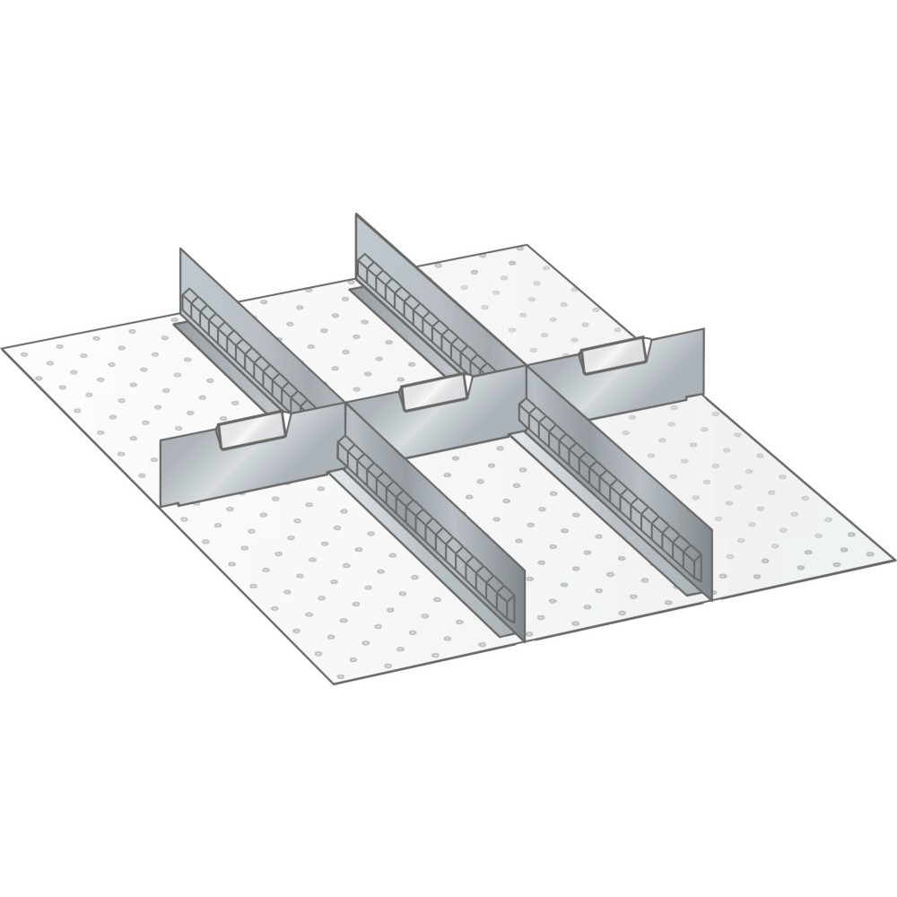 Obrázek produktu: Sada děrovaných nástěnných panelů a dělicích plechových příček LISTA 27x36E, (ŠxH) 459x612 mm, 2 děrované nástěnné panely, 3 dělicí plechové příčky, pro výšku čela 75 mm