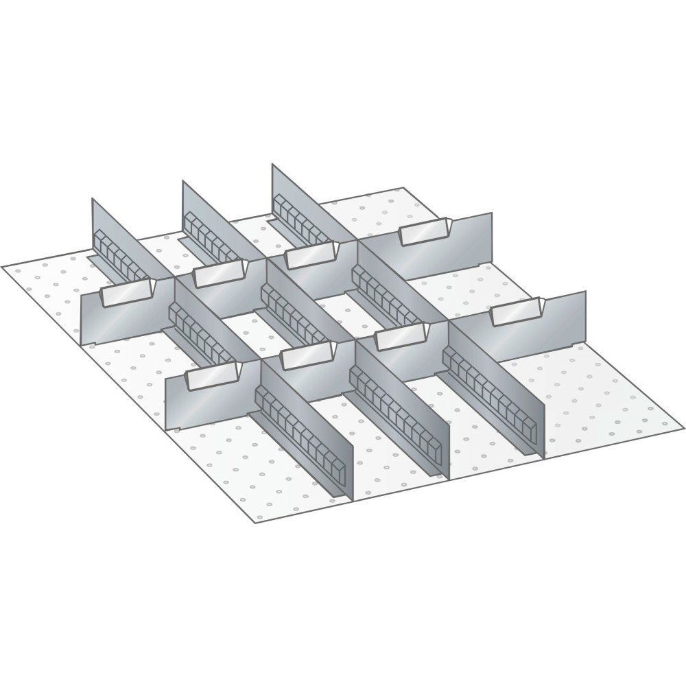 Obrázek produktu: Sada děrovaných nástěnných panelů a dělicích plechových příček LISTA 27x36E, (ŠxH) 459x612 mm, 3 děrované nástěnné panely, 8 dělicích plechových příček, pro výšku čela 50 mm