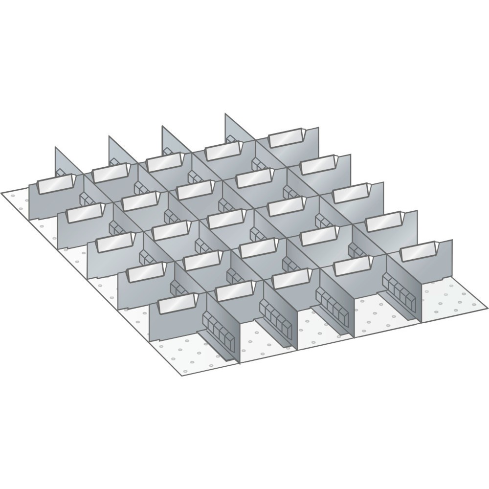 Obrázek produktu: Sada děrovaných nástěnných panelů a dělicích plechových příček LISTA 27x36E, (ŠxH) 459x612 mm, 4 děrované nástěnné panely, 25 dělicích plechových příček, pro výšku čela 50 mm