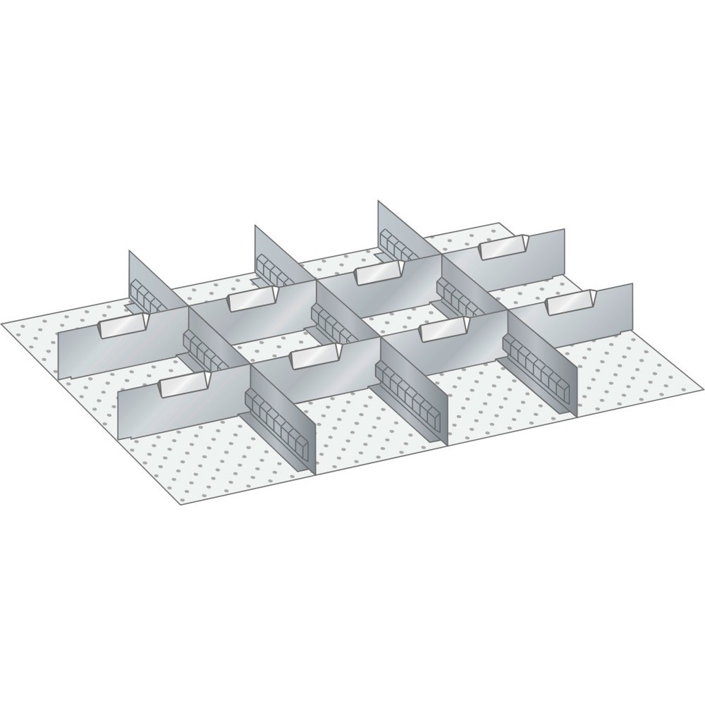 Obrázek produktu: Sada děrovaných nástěnných panelů a dělicích plechových příček LISTA 36x27E, (ŠxHxVV) 612x459x75 mm, 3 děrované nástěnné panely, 8 dělicích plechových příček