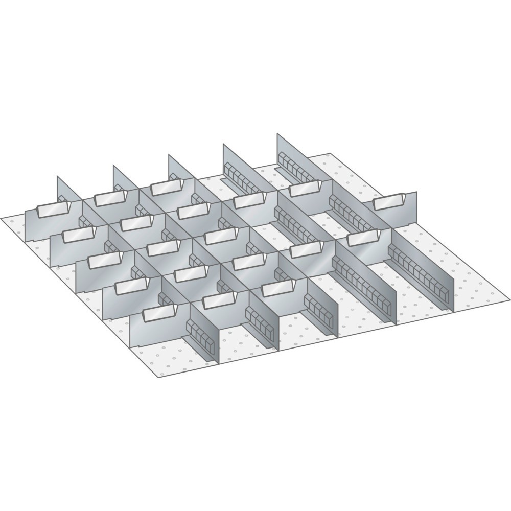 Obrázek produktu: Sada děrovaných nástěnných panelů a dělicích plechových příček LISTA 36x36E, (ŠxH) 612x612mm mm, 5 děrovaných nástěnných panelů, 20 dělicích plechových příček, pro výšku čela 50 mm