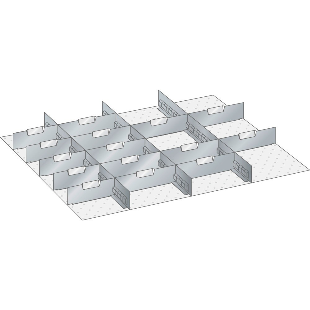 Obrázek produktu: Sada děrovaných nástěnných panelů a dělicích plechových příček LISTA 45x36E, (ŠxH) 765x612 mm, 4 děrované nástěnné panely, 15 dělicích plechových příček, pro výšku čela 75 mm