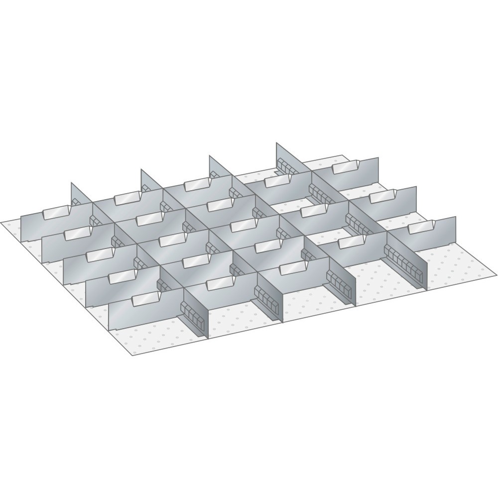 Obrázek produktu: Sada děrovaných nástěnných panelů a dělicích plechových příček LISTA 45x36E, (ŠxH) 765x612 mm, 4 děrované nástěnné panely, 21 dělicích plechových příček, pro výšku čela 75 mm