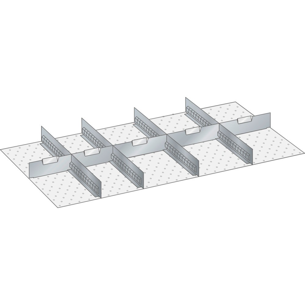 Obrázek produktu: Sada děrovaných nástěnných panelů a dělicích plechových příček LISTA 54x27E, (ŠxH) 918x459 mm, 4 děrované nástěnné panely, 5 dělicích plechových příček, pro výšku čela 50 mm