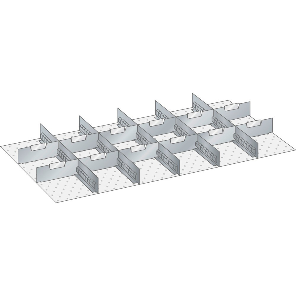 Obrázek produktu: Sada děrovaných nástěnných panelů a dělicích plechových příček LISTA 54x27E, (ŠxH) 918x459 mm, 5 děrovaných nástěnných panelů, 12 dělicích plechových příček, pro výšku čela 50 mm