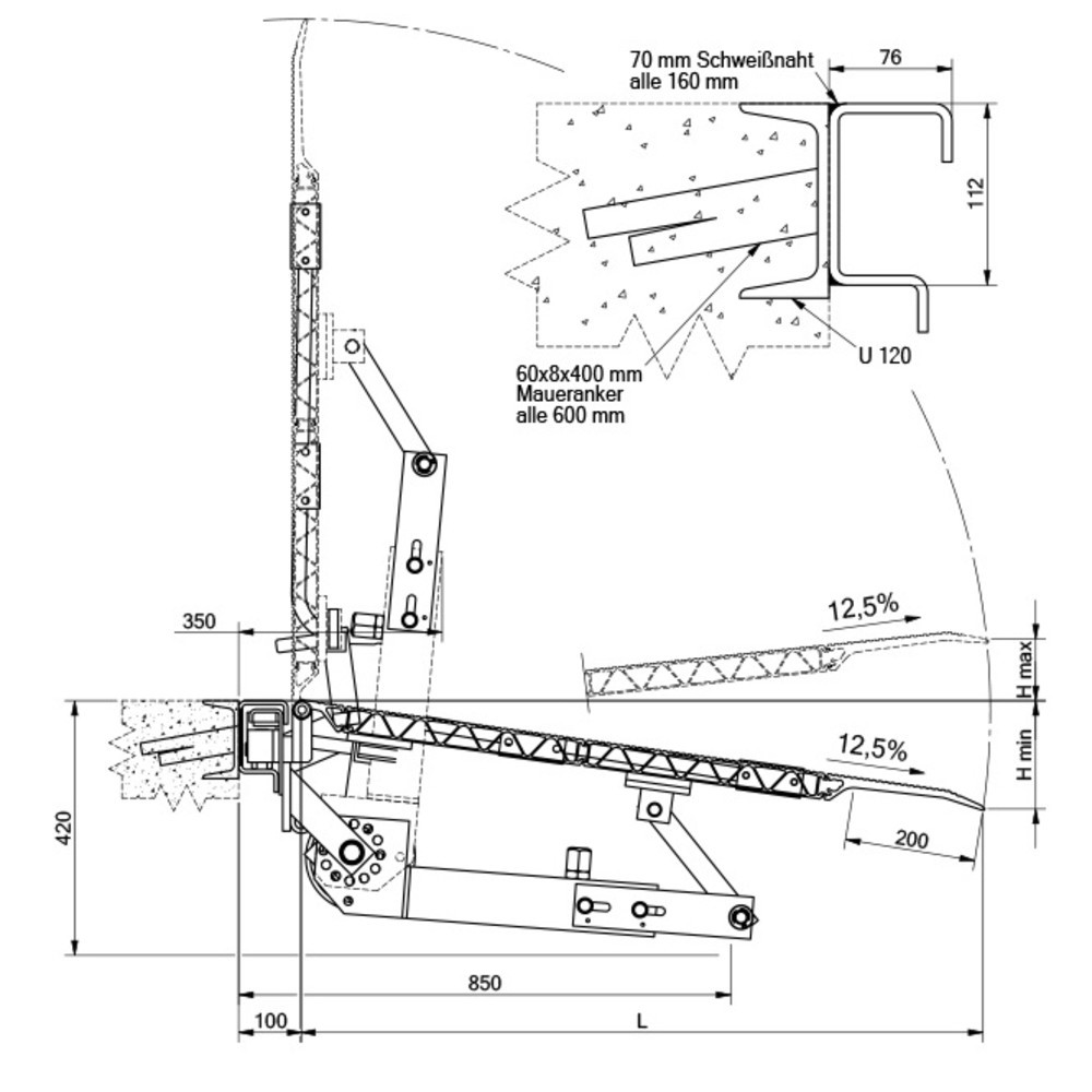 Číslo obrázku produktu 3: Sklopný můstek na pružině s pojistkou proti pádu, nosnost 1750 kg, ŠxD 1250 x 1565 mm