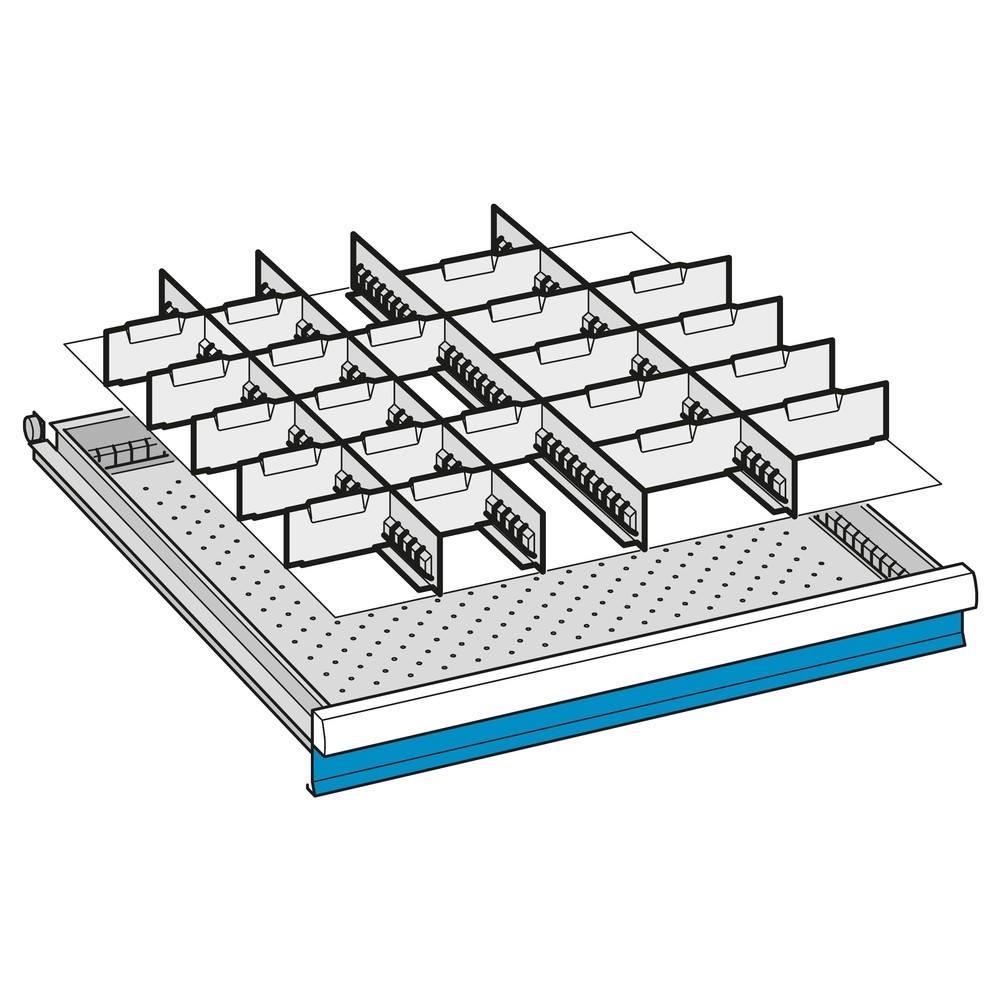 Číslo obrázku produktu 3: Vložka s dělicí příčkou pro skříně se zásuvkami LISTA, 4 děrovaných nástěnných panelů, 21 dělicí plechové příčky, pro výšku 50 mm