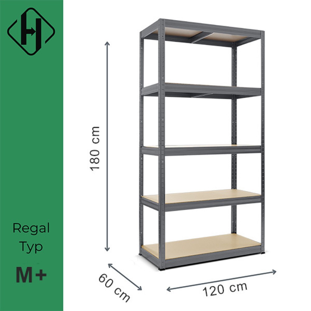 Číslo obrázku produktu 2: Zátěžový regál HEMMDAL typ M+, grafitová šedá – 180 x 120 x 60 cm – až 750 kg