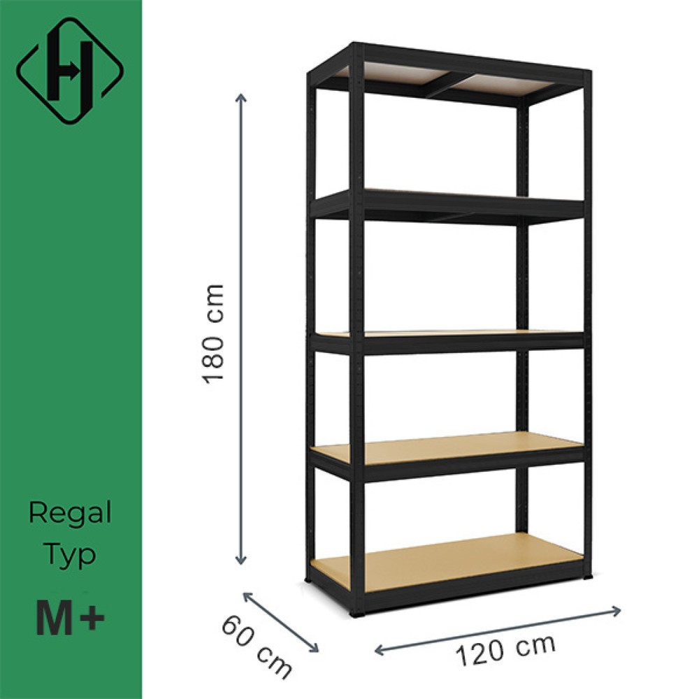 Číslo obrázku produktu 2: Zátěžový regál HEMMDAL typ M+, černá – 180 x 120 x 60 cm – až 750 kg